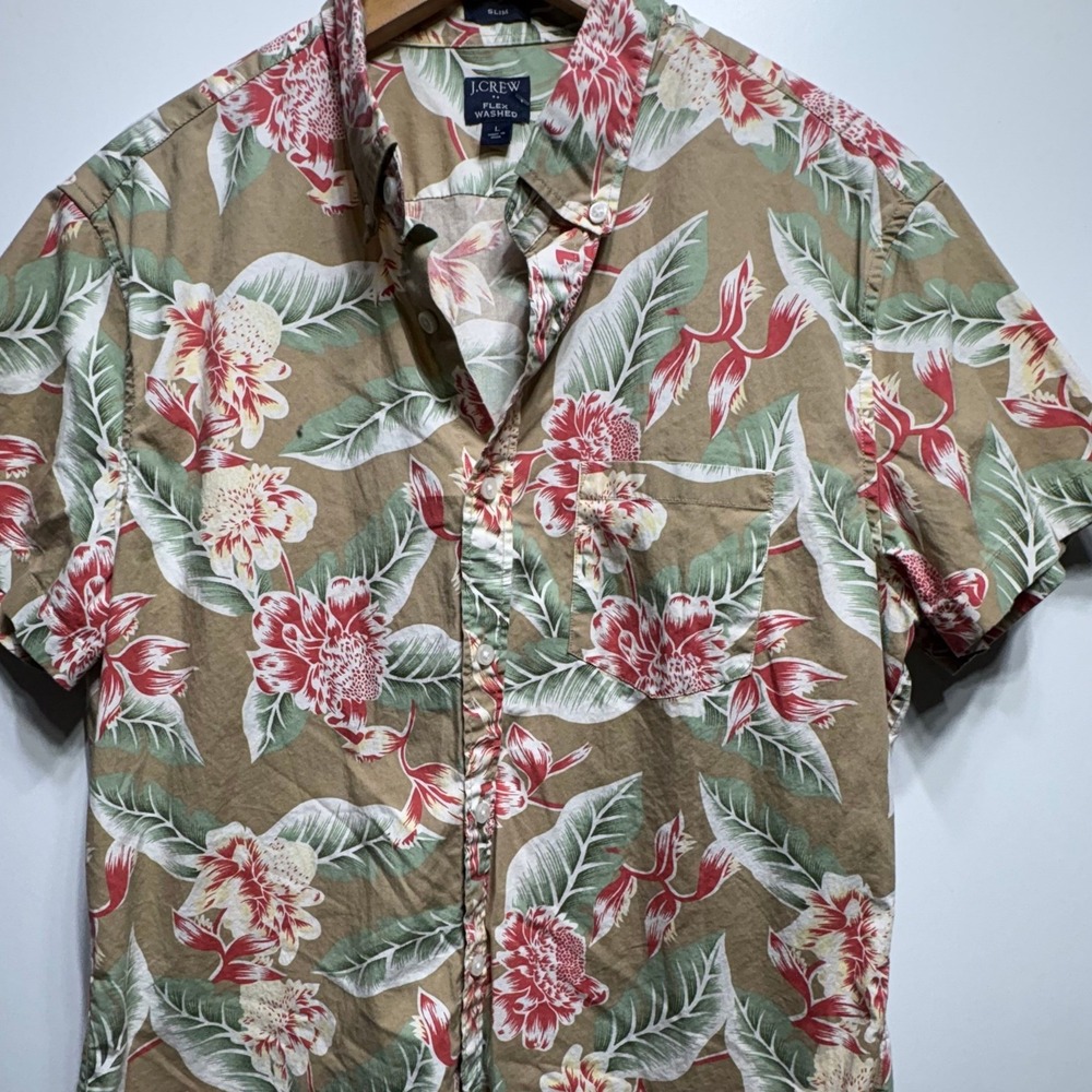 J.Crew Flex Washed Shirt Mens Large Slim Tan Floral Tropical Short Sleeve Button